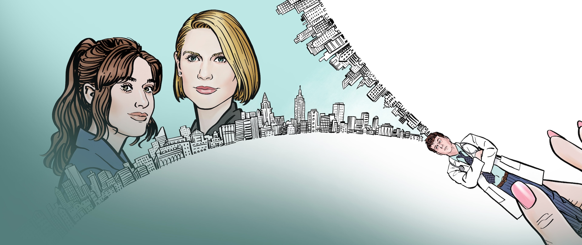 Zipper, in the form of New York City skyline, unzipping to unfold Claire Danes and Lizzy Caplan