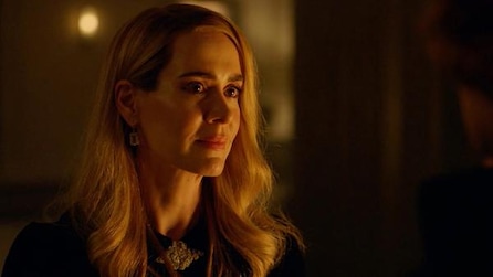 Sarah Paulson as Cordelia Foxx and dim lighting on face in American Horror Story Apocalypse