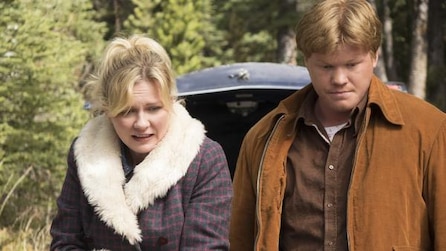 Kirsten Dunst as Peggy Blumquist with Jesse Plemons as Ed Blumquist in front of open car trunk in FX's Fargo Year Two