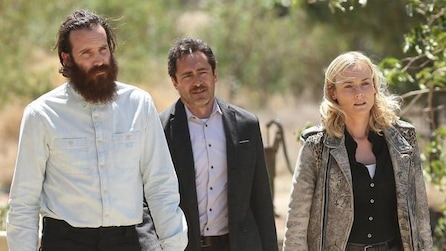 Diane Kruger as Sonya walking with Demian Bichir as Marco and Thomas M Wright as Steven in FX's The Bridge