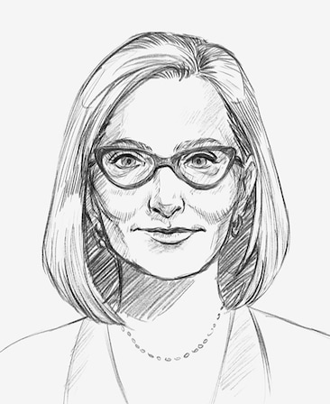 Marci Wiseman headshot drawn as a sketch wearing glasses and a necklace