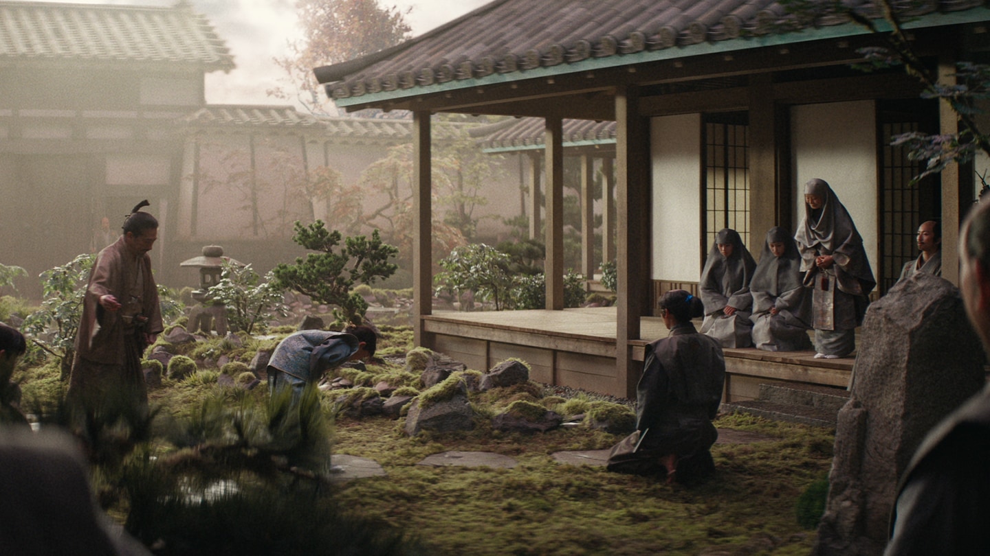 Lord Toranaga and the heir Yaechiyo greet Lady Iyo