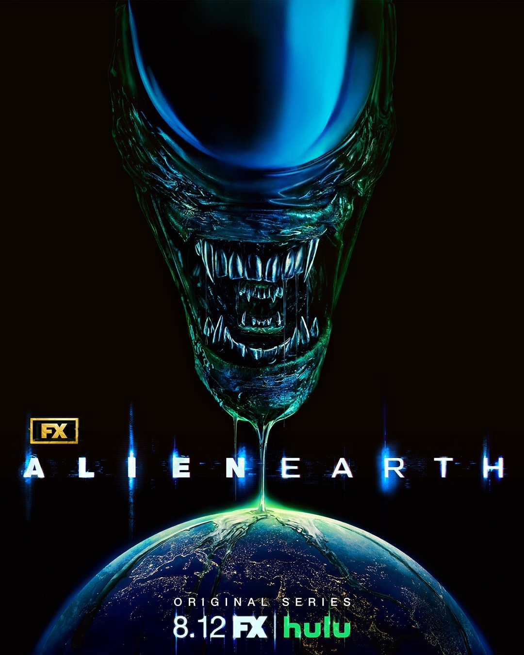 Xenomorph head hovering over Earth with green goo dripping from its chin.