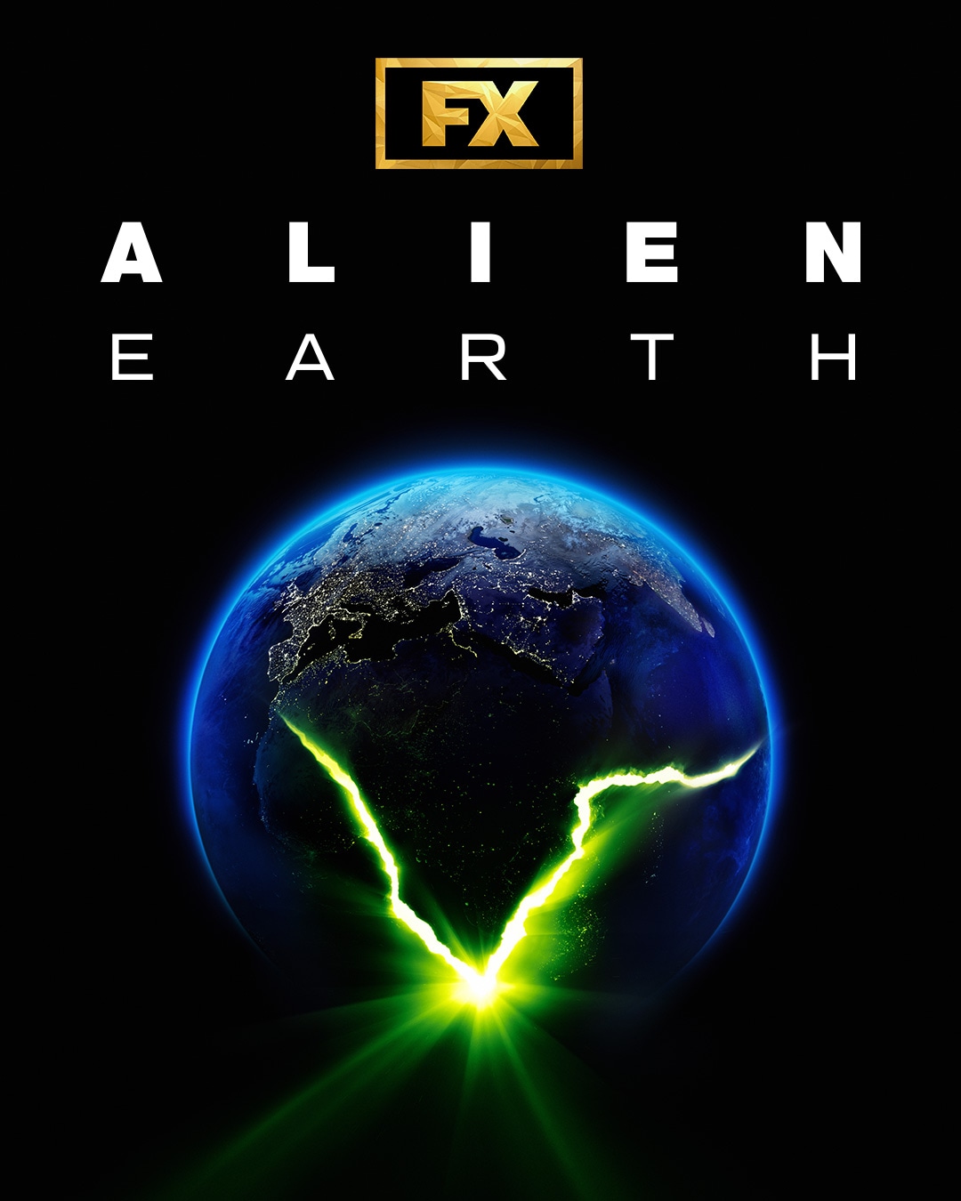 Earth cracking open with a green light coming from within for Alien Earth.