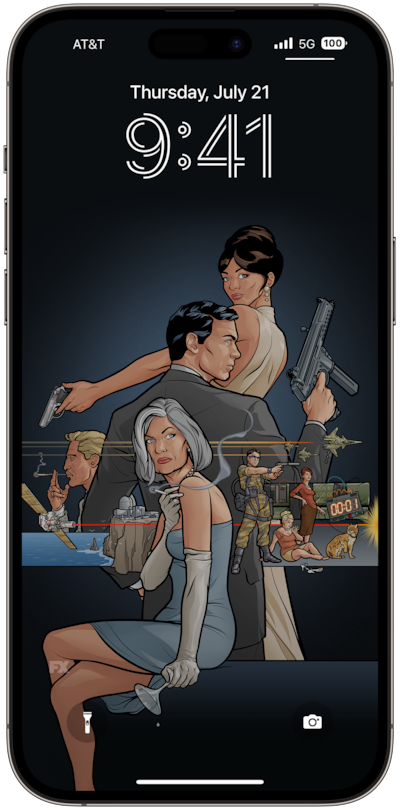 Archer and Lana holding weapons, looking back, with Malory sitting below them wearing a blue dress and smoking
