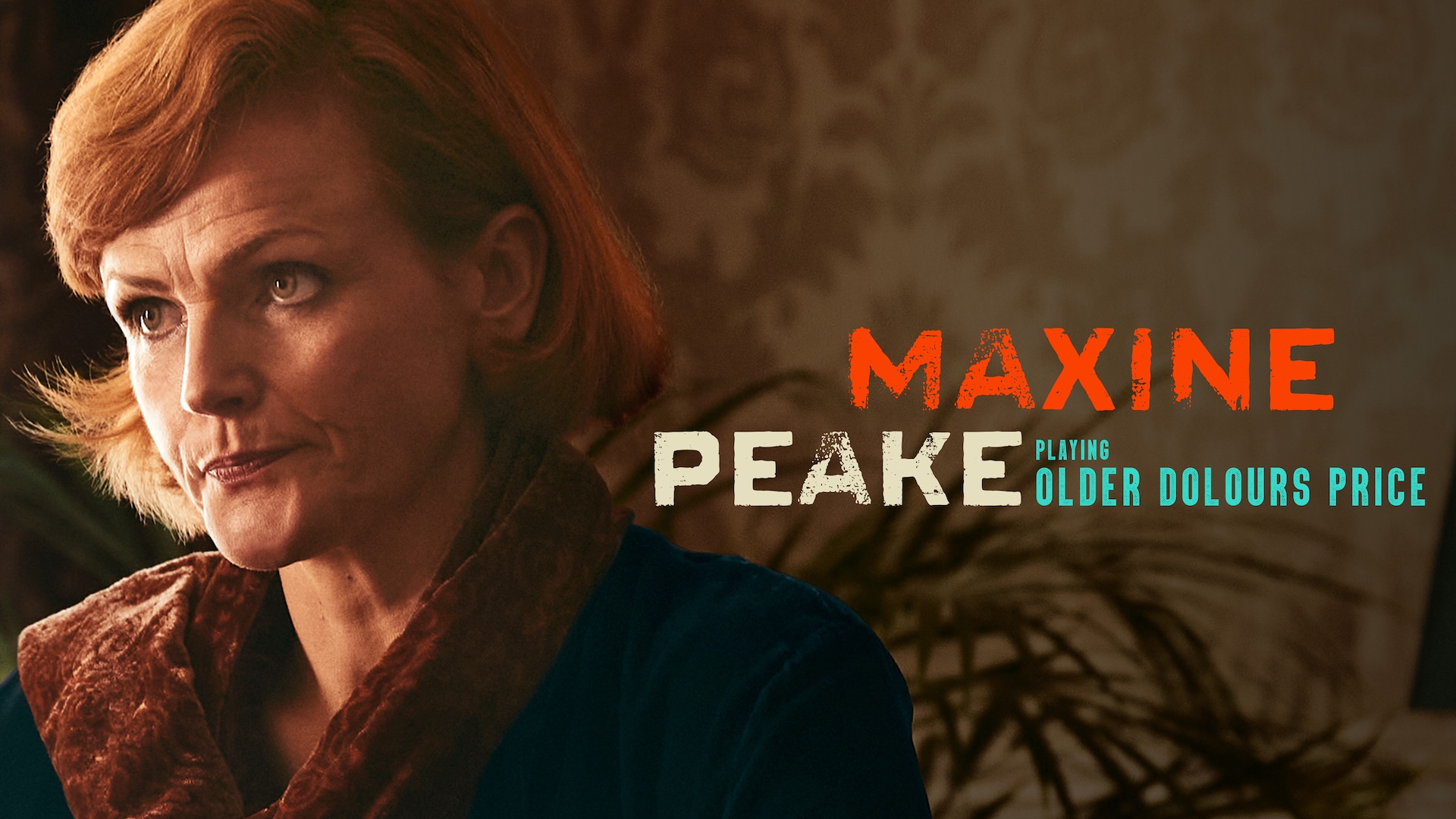 Maxine Peake as Older Delours Price, wearing a black coat and brown velvet scarf.