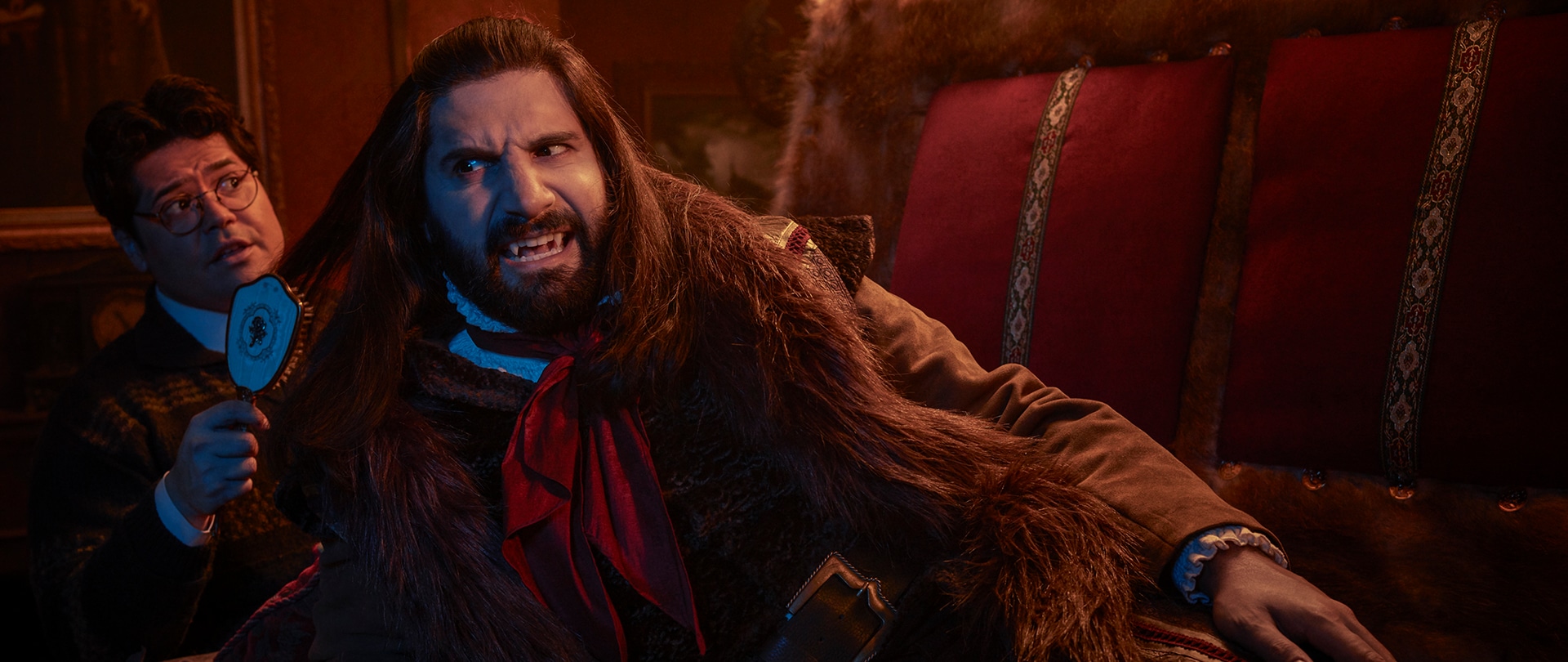 Kayvan Novak as Nandor, Harvey Guillén as Guillermo in FX's What We Do in the Shadows