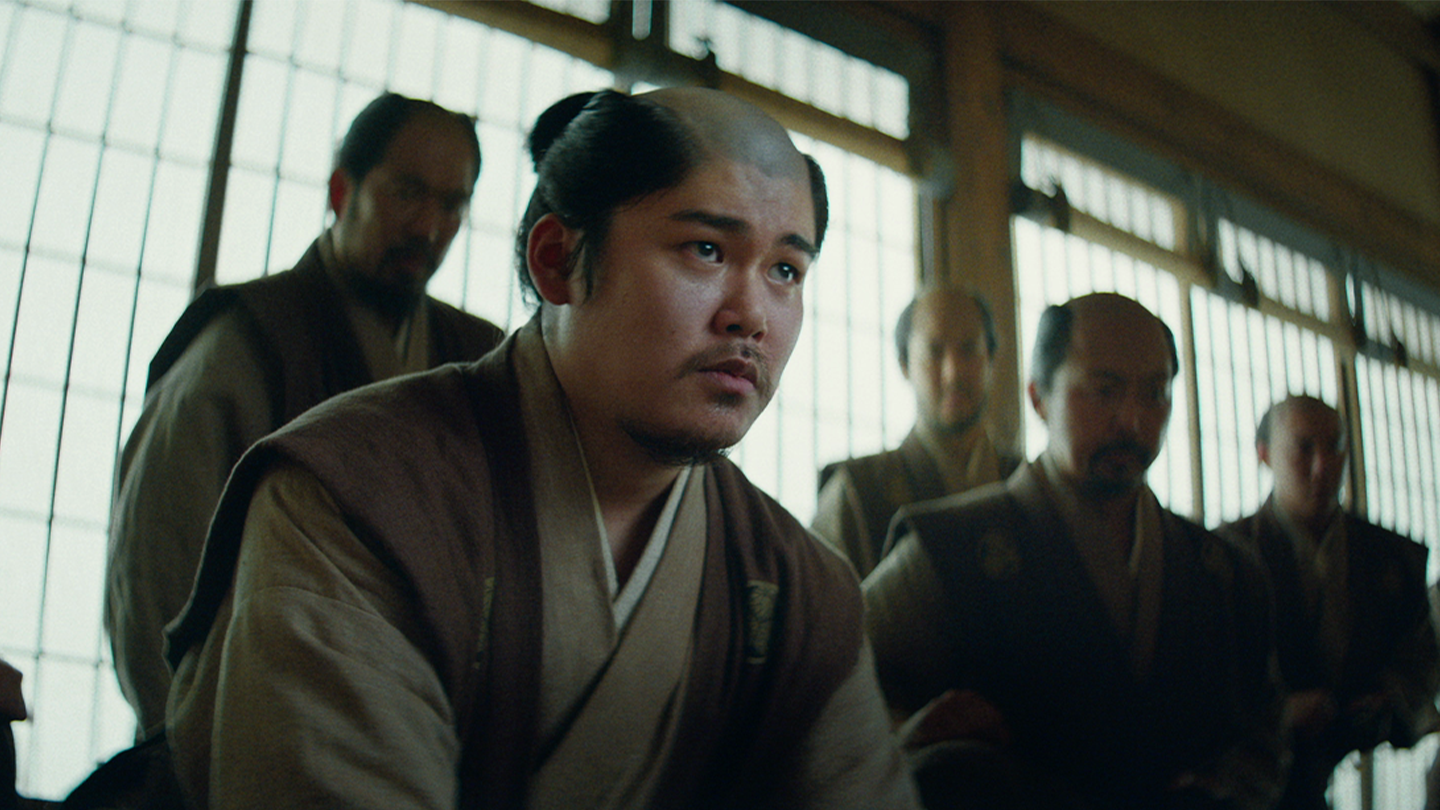Close up of Tadayoshi with Toranaga's other samurai lined up behind him