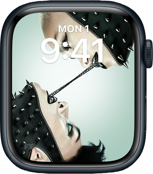 Apple Watch lock screen of two blue-eyed people with black metal chain from their mouths from FX's AHS NYC