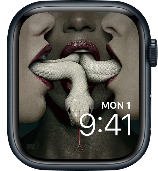 Apple Watch lock screen of three women with white snake moving through their open mouths for FX's AHS Coven