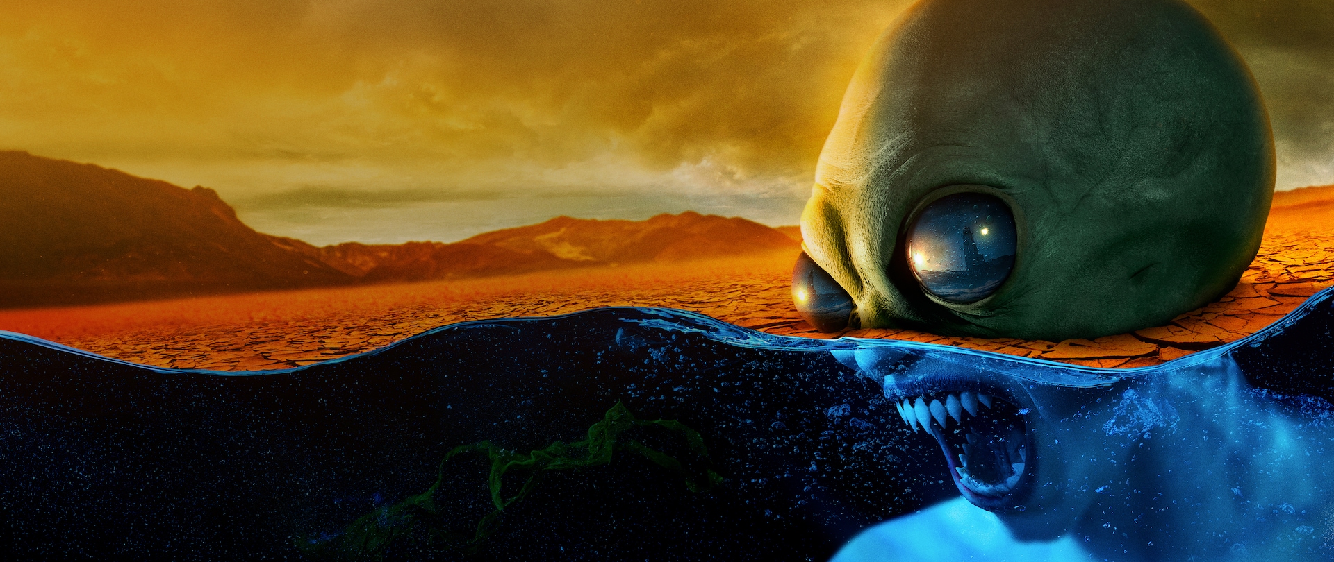 Split image of desert and alien head on top half and ocean with vampire mouth and body on bottom half for AHS: Double Feature
