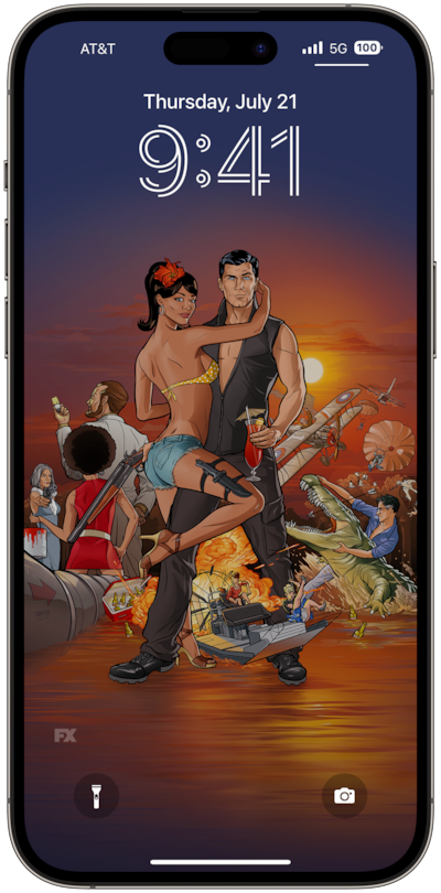 Lana wearing a Bikini top with a flower in her hair wrapped around Archer holding a cocktail with a sunset backdrop