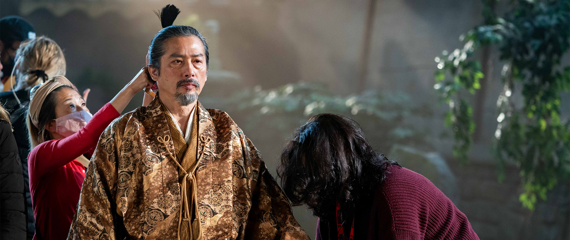 Toranaga’s costume and wig are adjusted in between shots for FX's Shogun
