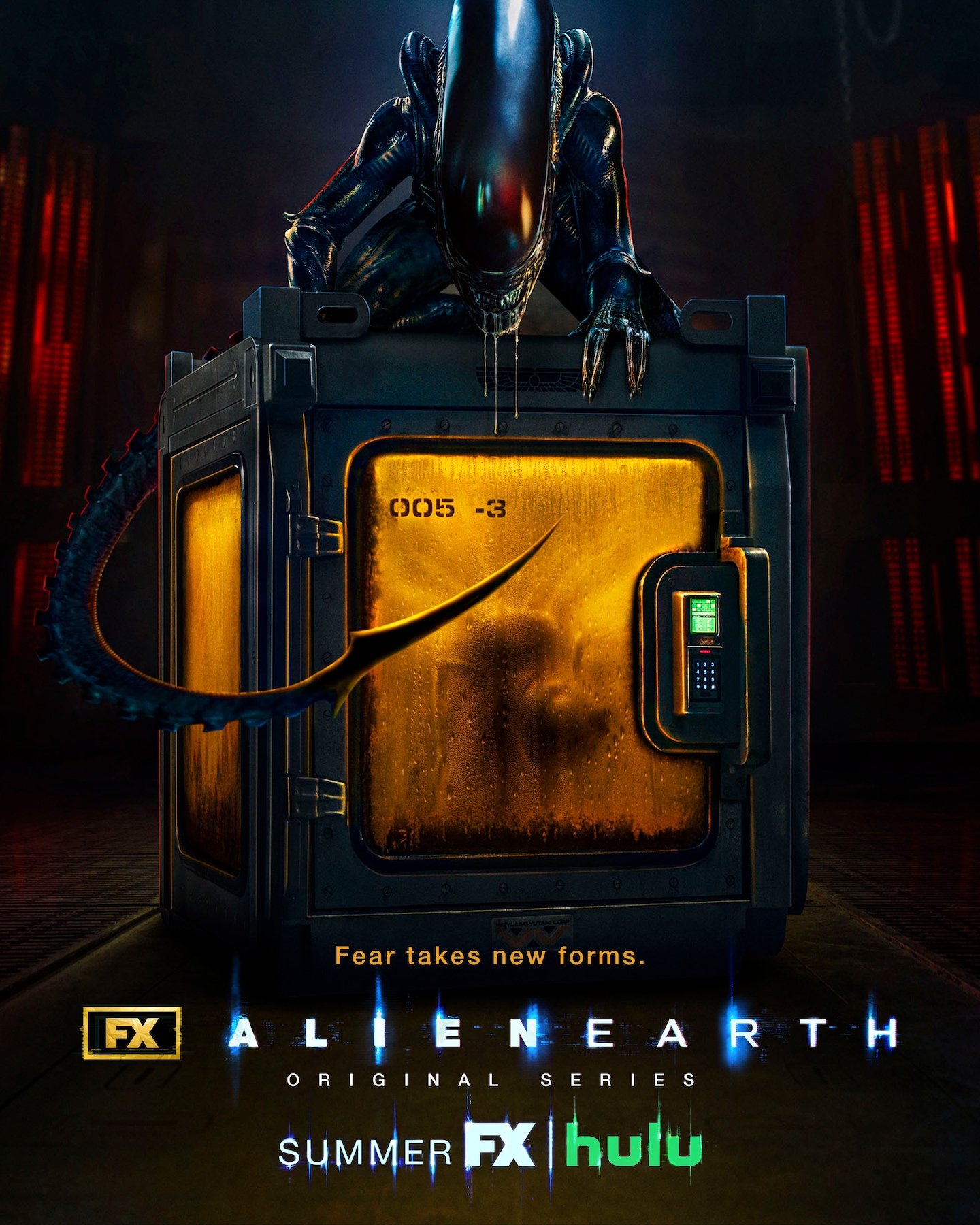 A Xenomorph crouched on a large yellow crate. 
