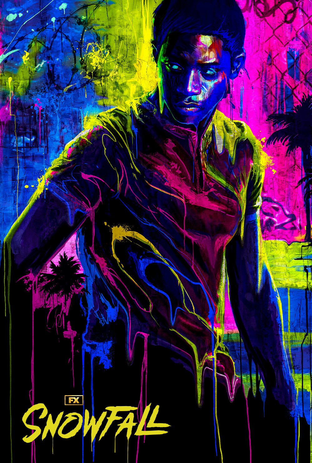 Franklin Saint with spray painted yellow, pink and blue colors dripping down his body with palm tree mosaic in the background