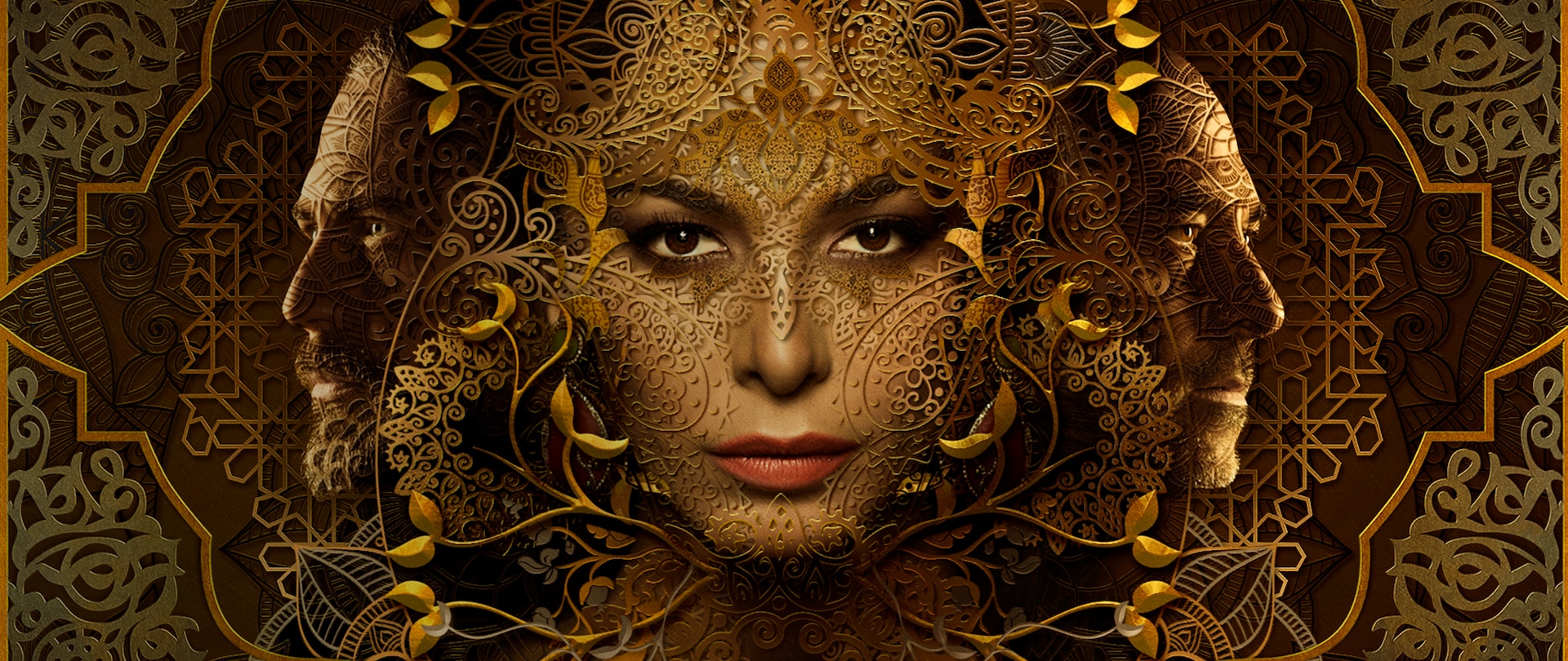 Close up of woman's face with gold colored mandala design that bleeds onto faces of two men on either side for FX's Tyrant