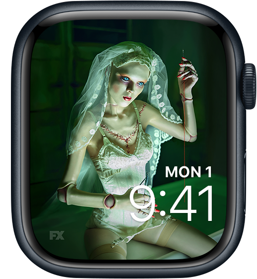 Apple Watch lock screen of doll in white undergarments wearing veil and holding needle from FX's American Horror Stories
