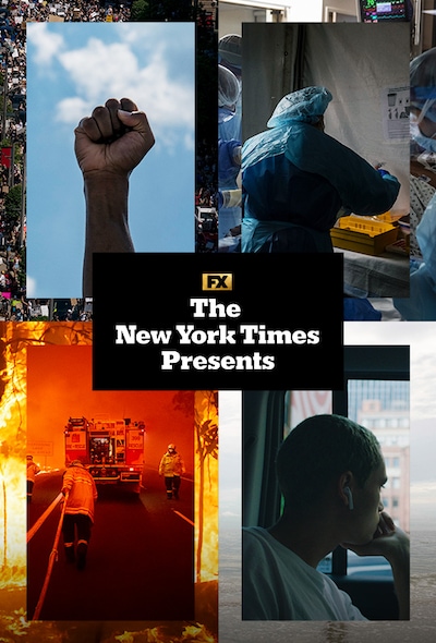 Collage of several images including wildfire, protests, firefighters and hospital workers for New York Times Presents