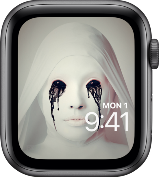Apple Watch lock screen of completely white nun with black eyes crying black tears from FX's AHS Asylum