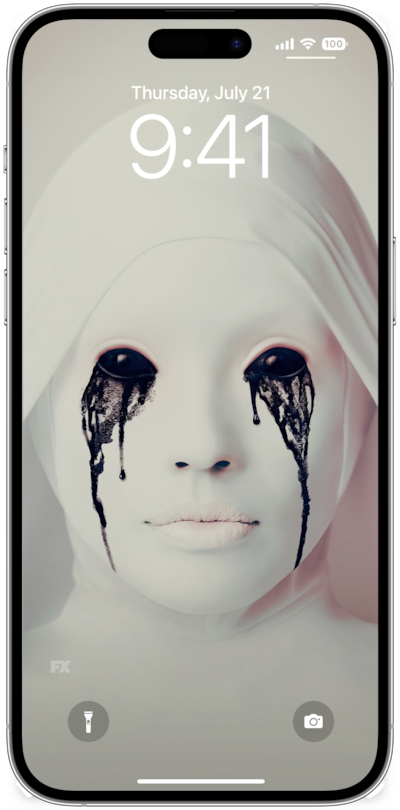 iPhone lock screen of completely white nun with black eyes crying black tears from FX's American Horror Story Asylum