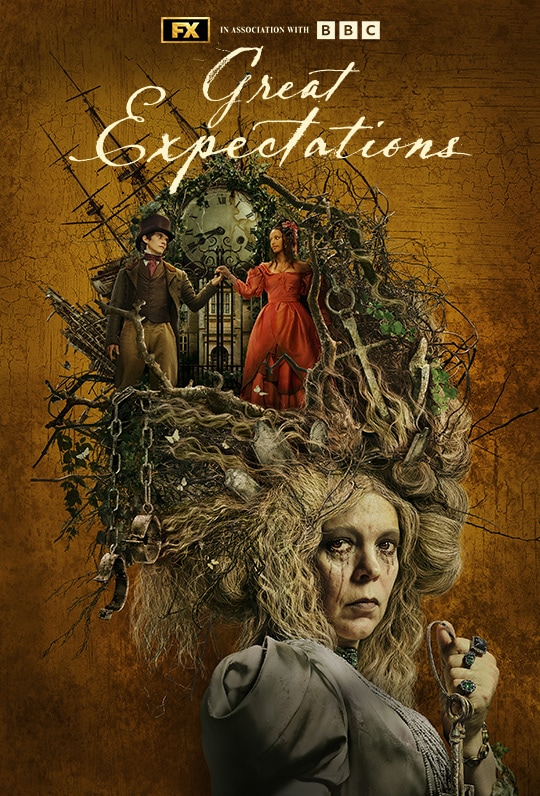 Pip and Estella holding hands in front of a clock to the left while Miss Havisham grasps a pair of keys to the right