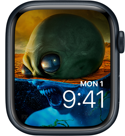 Apple Watch lock screen of half alien and monster screaming underwater from FX'S AHS Double Feature