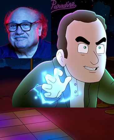 Animated character Satan wearing a green jacket with static energy around hand and headshot of Danny DeVito in upper left