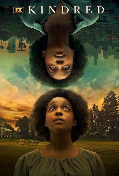 Vertically mirrored image with Dana James dressed in different attire on each side based on the time period for FX's Kindred