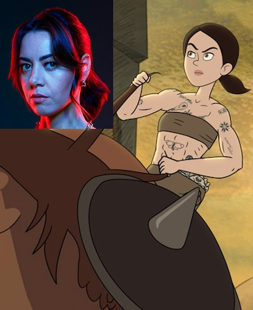 Animated character Laura Feinberg riding an animal with headshot of actress Aubrey Plaza in upper left corner