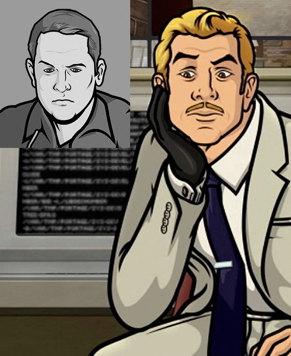 Ray from Archer leaning on hand with black glove with other hand on lap with black and white drawing of Adam Reed on up left