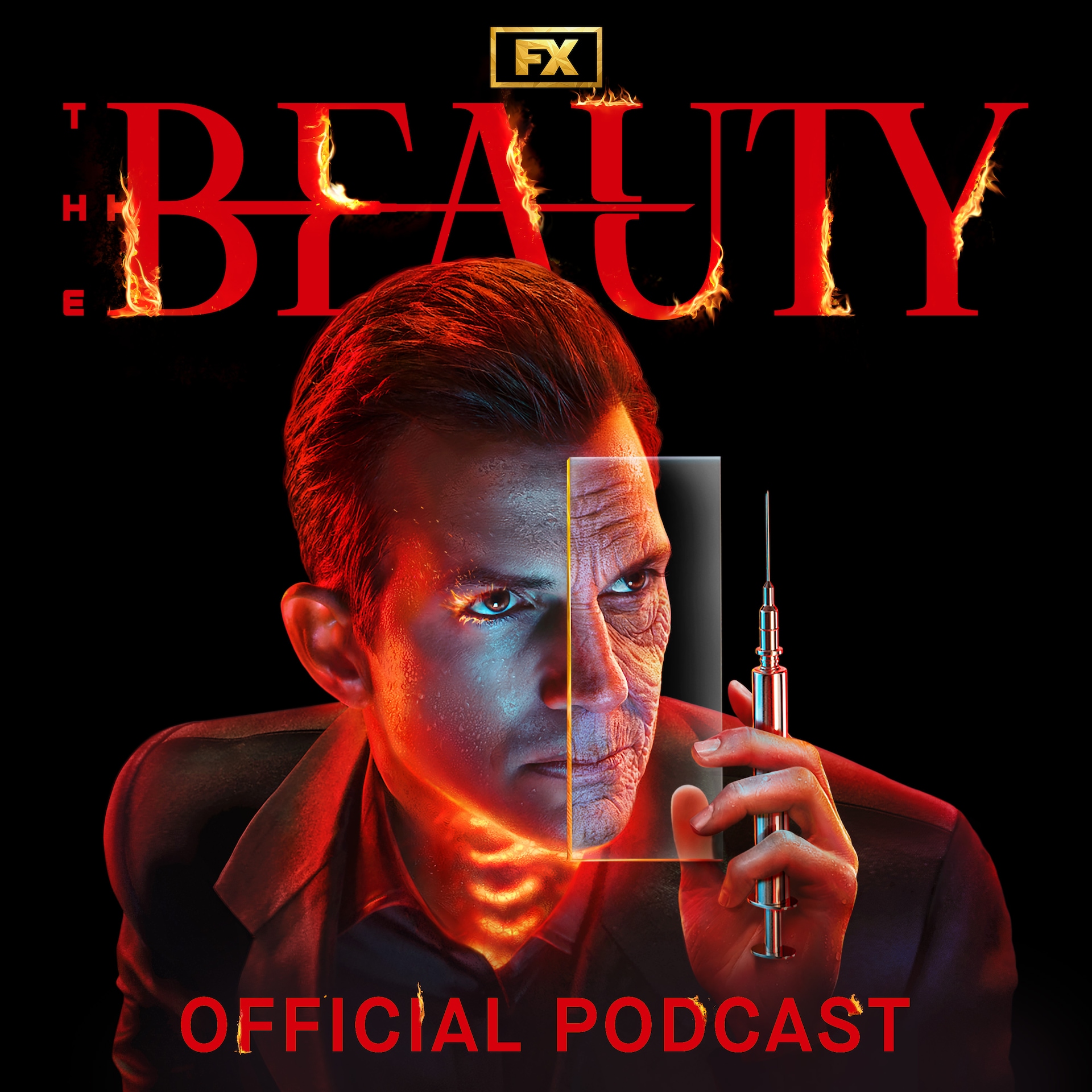 Ashton Kutcher as "The Corporation" holding a glass pane up to his face with a syringe in hand