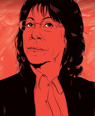 Mindy Sterling headshot drawn in animated style with black in black jacket and button down, filled in with red orange color