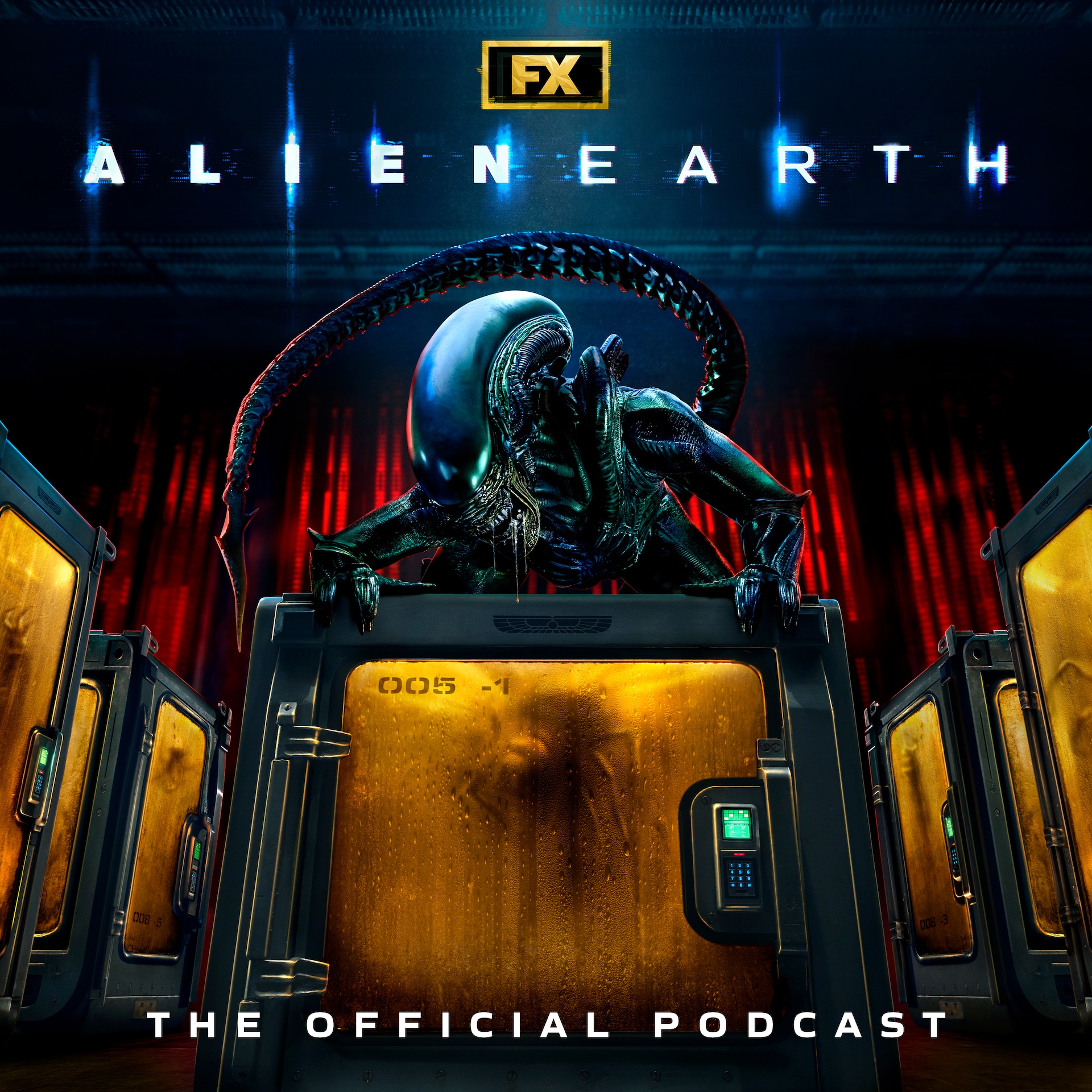 Xeno crouched on a yellow crate.