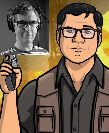 Cyril Figgis holding gun in right hand with explosion behind him with black and white headshot of Chris Parnell in upper left