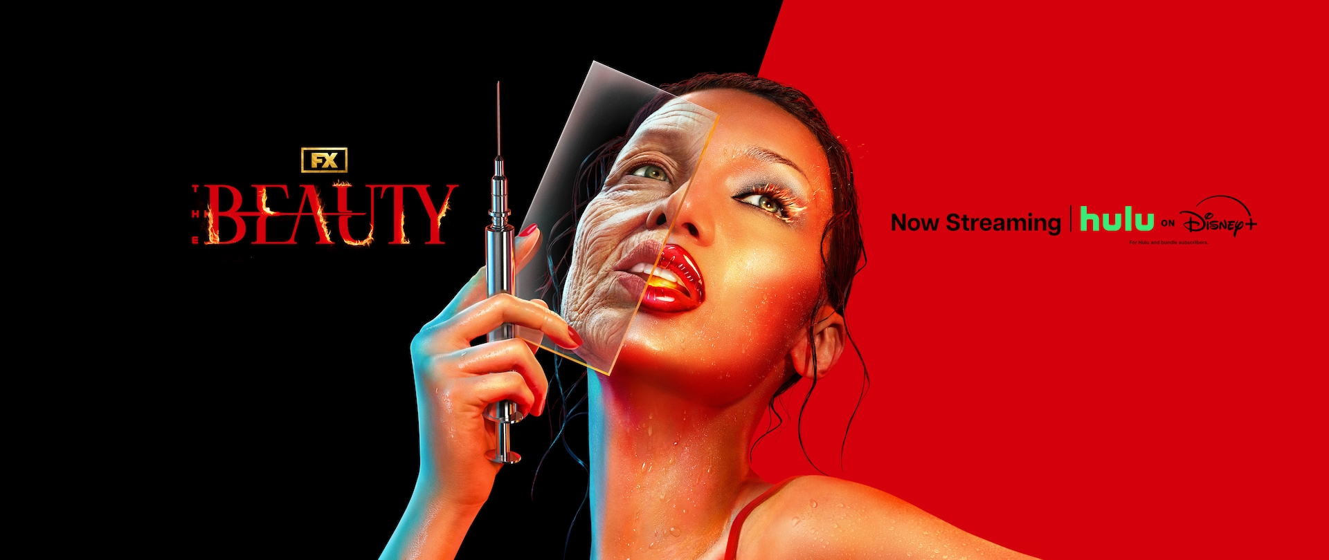 Bella Hadid holding a syringe and glass pane over her face.