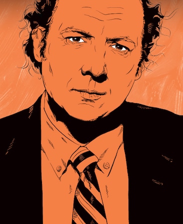 Dan Bakkedahl drawn in animated style with black in suit and striped tie and filled in with deep orange color