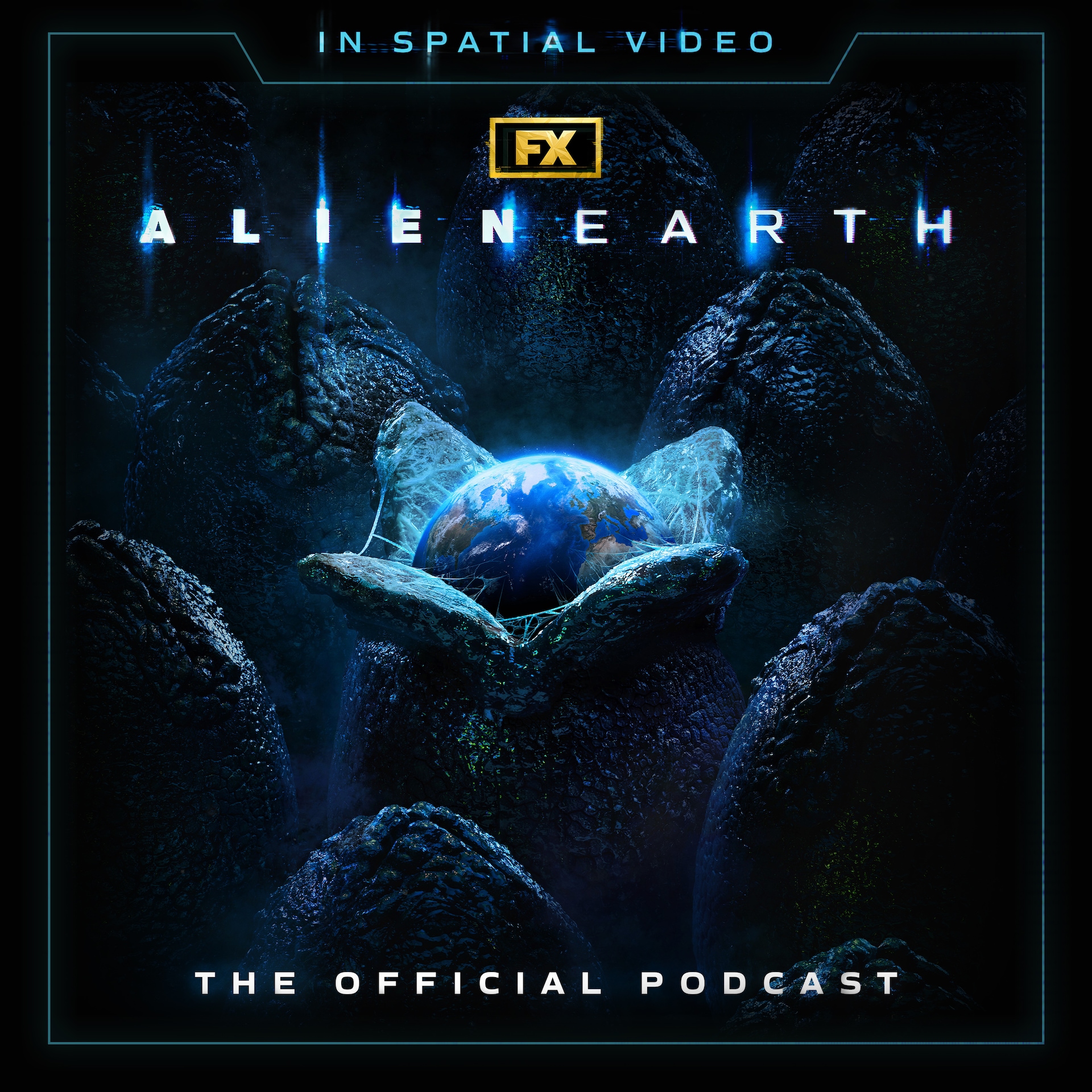 Alien egg cracking open with earth coming out in a blue glow.