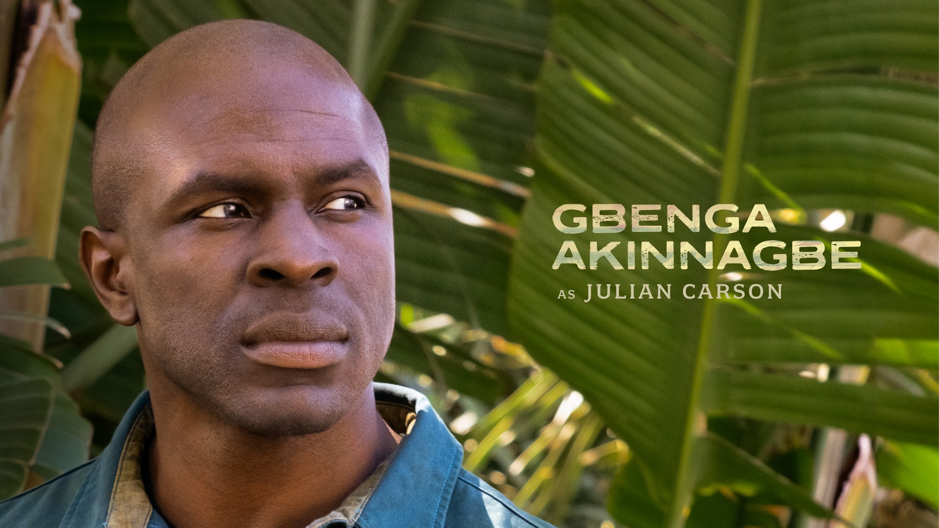 Gbenga Akinnagbe headshot wearing a blue collar shirt with foliage behind him.