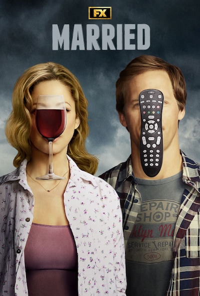 Woman with a wine glass in front of her face next to a man with a remote control in front of his face for FX's Married