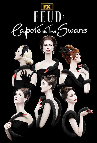 The Swans dressed in black with FEUD: Capote vs. The Swans logo