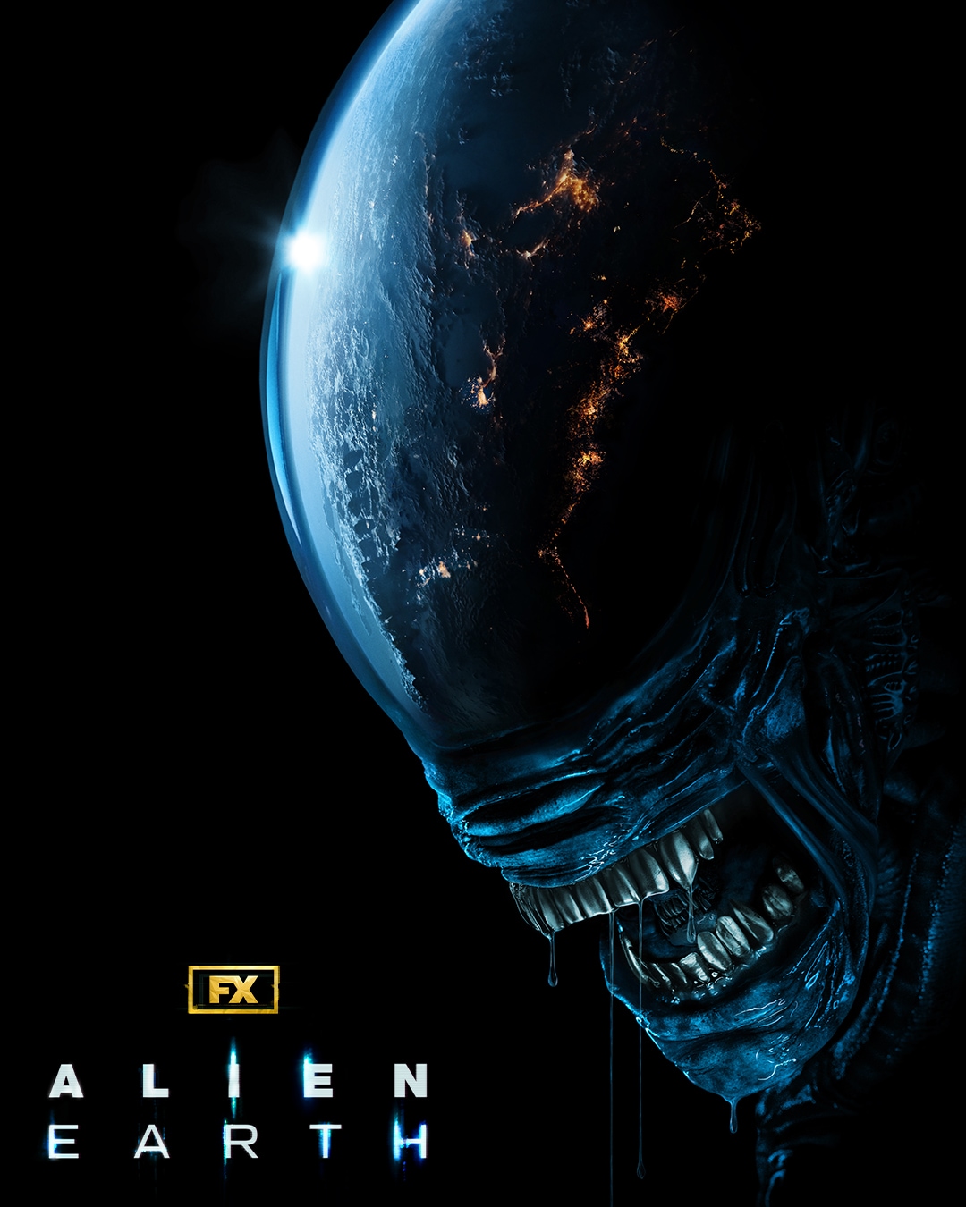 Close up of a xenomorph with a reflection of Earth on its forehead.