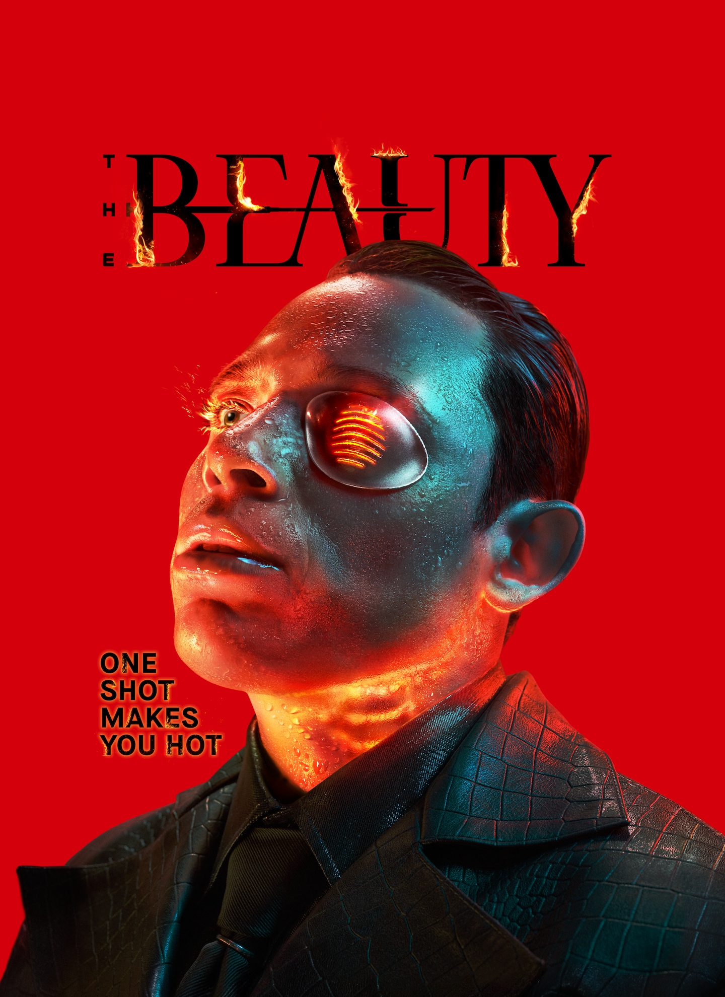 Anthony Ramos wearing a glowing red eye patch and an all black suit.