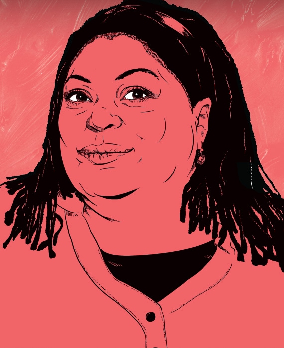 Sonya Eddy headshot drawn in animated style with black with headband and white cardigan, filled in with salmon pink color