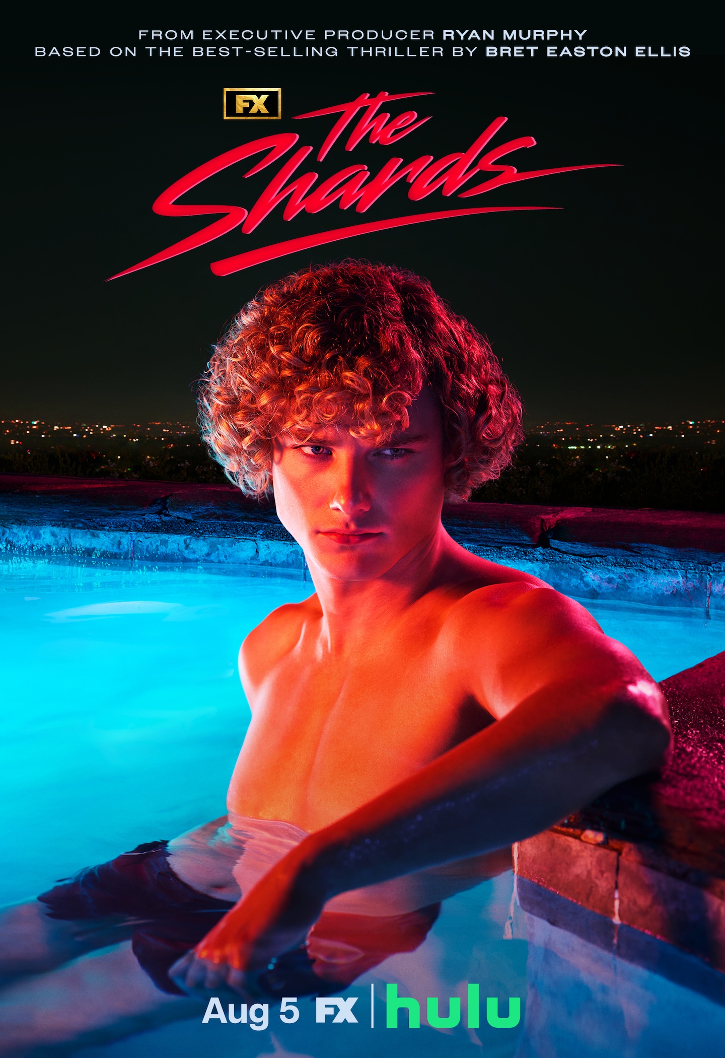 FX's The Shards Homer Gere in swimsuit trunks, in a pool at night lit with red lighting.