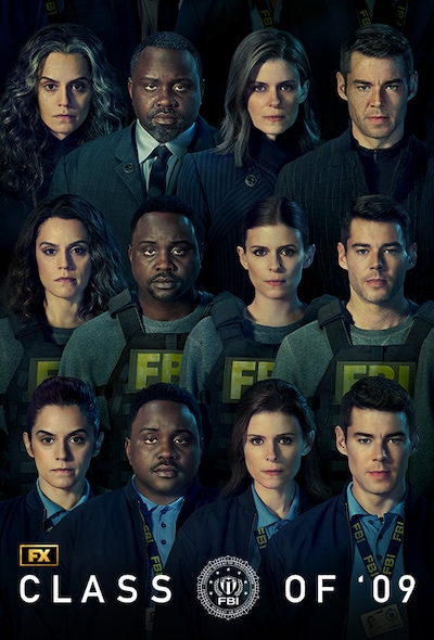 Yearbook style photo of 4 FBI agents standing in a row with each row depicting different time periods from young to old