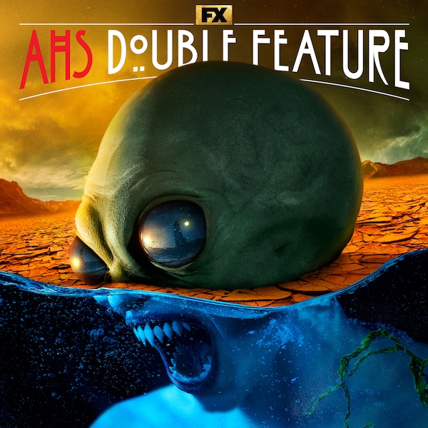Split image with desert and alien head on top half and ocean with vampire mouth and body on the bottom half