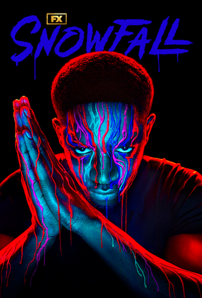 Close up of Franklin Saint with red and blue paint dripping down his face for FX's Snowfall.
