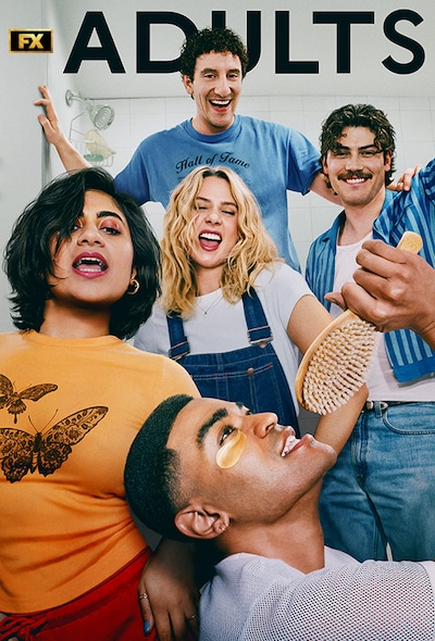 The cast of Adults getting ready in front of a bathroom mirror