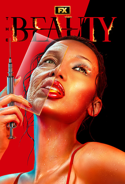 Dark red open lips with a yellow flame emerging on the side surrounded by a bright red background