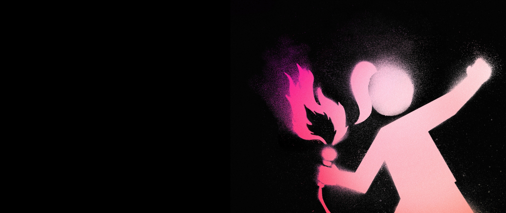 Pink spray paint figure of a girl holding a wired mic in flames like a Molotov cocktail for FX's documentary Hysterical
